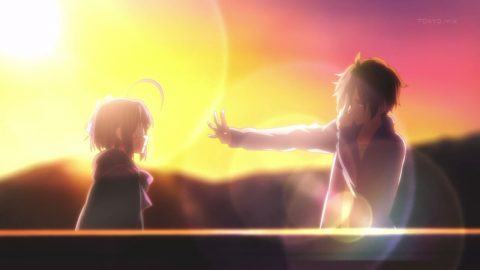 夕日をバックに契約を結ぶ勇太と六花